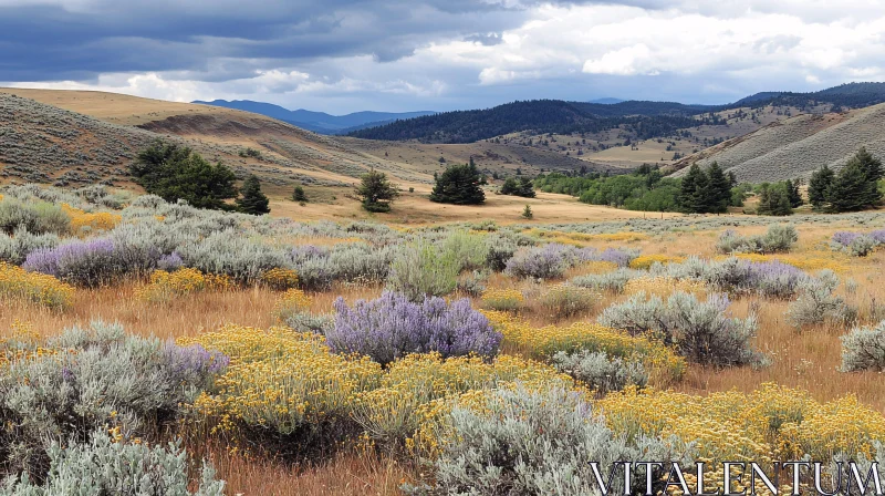 Colorful Field with Flowers and Mountains AI Image