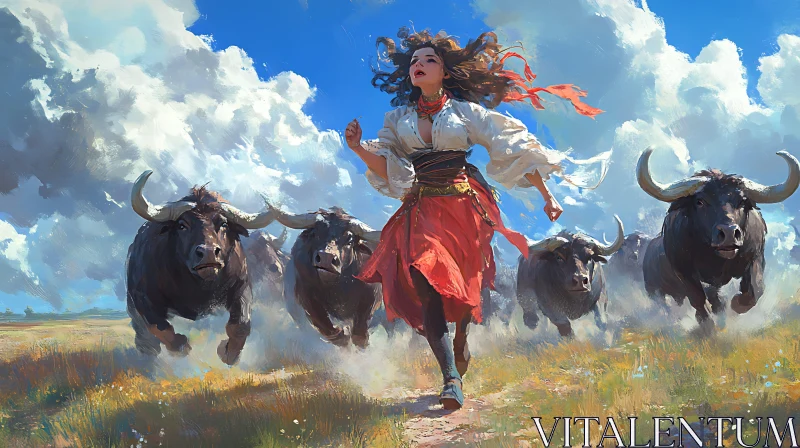 Dramatic Scene of Woman and Bulls in Open Field AI Image