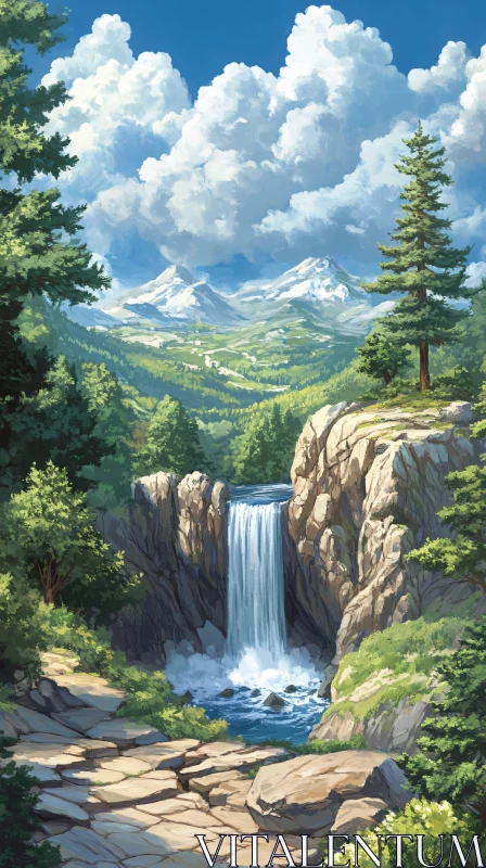 AI ART Scenic Waterfall with Mountain and Forest Background