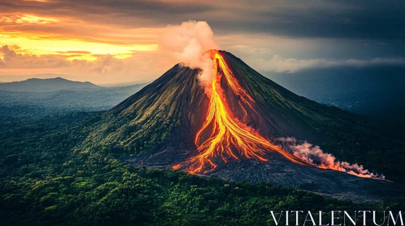 AI ART Fiery Volcano Eruption Amidst Lush Landscape