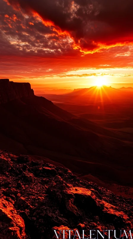 Fiery Sunset Over Rugged Mountainscape AI Image