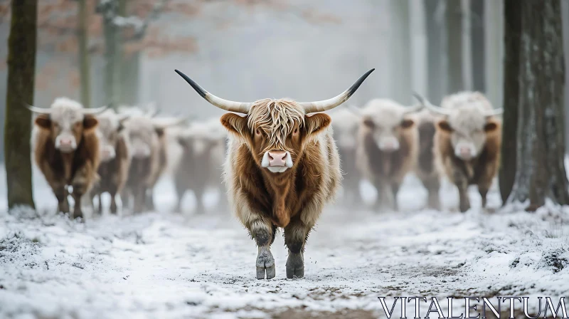 Bull Leading Herd in Winter Forest AI Image