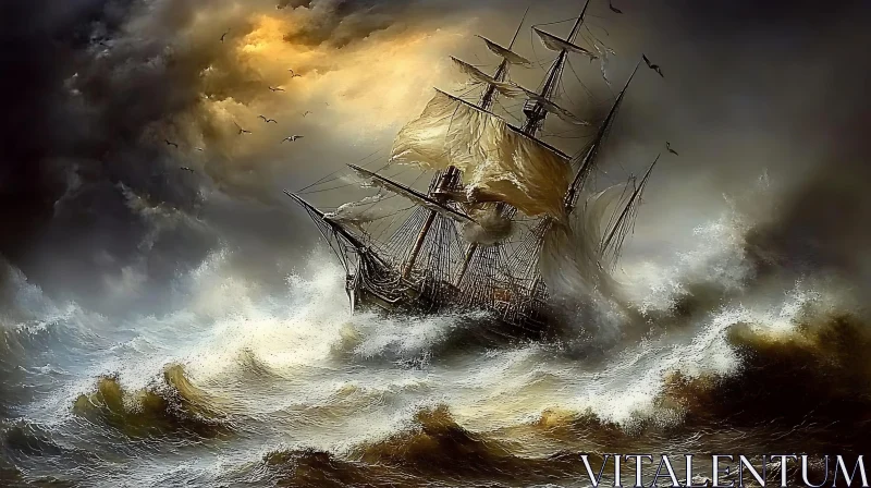 Sailing Ship Battling Stormy Seas AI Image