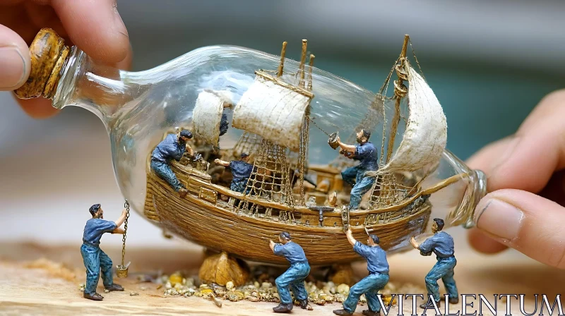 Handmade Ship Model in Glass Bottle AI Image