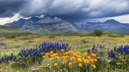 Wildflower Meadow and Mountains Before Storm