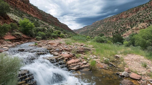 Cascading River in Mountain Valley