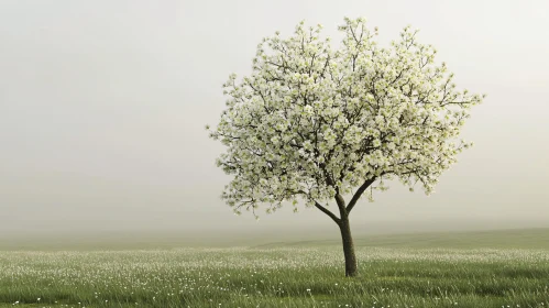 Blooming Tree in Foggy Grassland