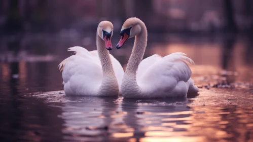 Romantic Sunset with White Swans in the River