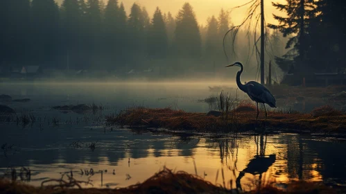 Tranquil Scene of Heron by River - Forestpunk Style