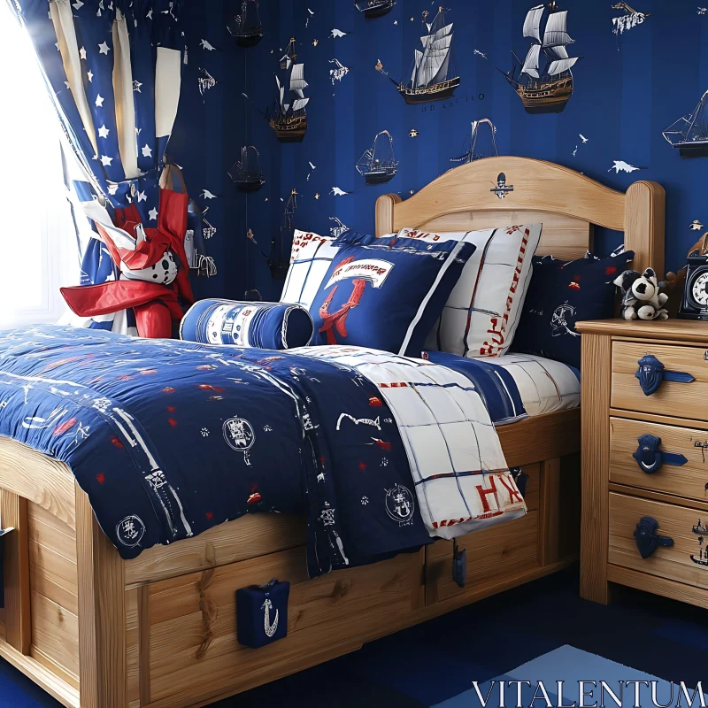 Maritime-Inspired Child's Room with Wooden Furniture AI Image