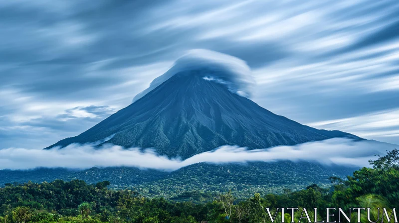 Mystical Mountain Scene with Forest and Clouds AI Image