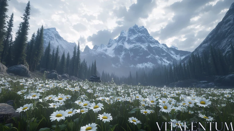 AI ART Tranquil Field of Daisies against Majestic Mountain Range