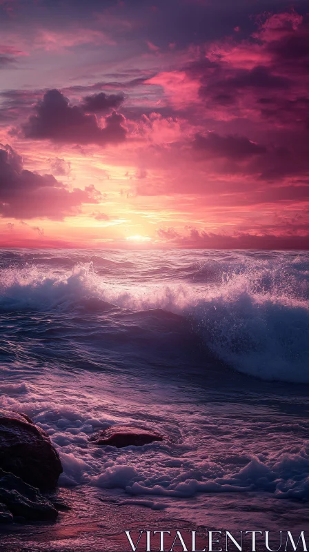 AI ART Pink and Purple Sunset with Crashing Waves