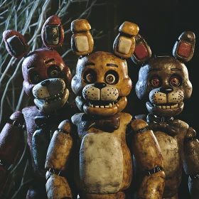 Eerie Animatronic Creatures in Nighttime Woods