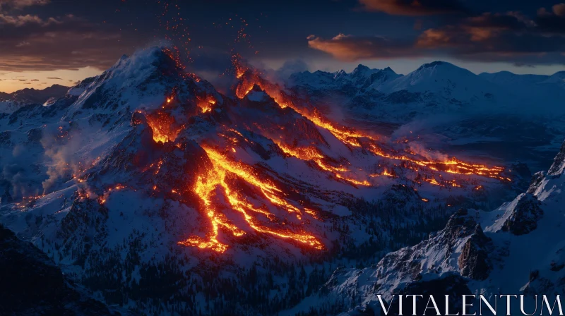 Snow-Covered Mountain Erupting with Lava AI Image