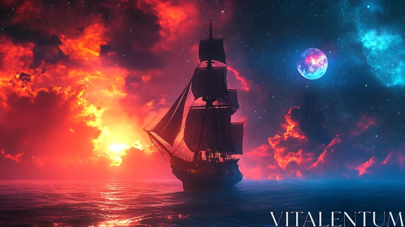 Mystical Sea Voyage at Sunset AI Image