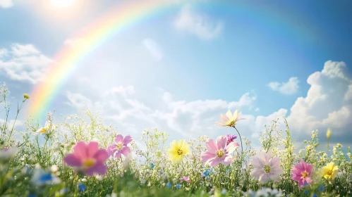 Colorful Flowers in Meadow with Rainbow