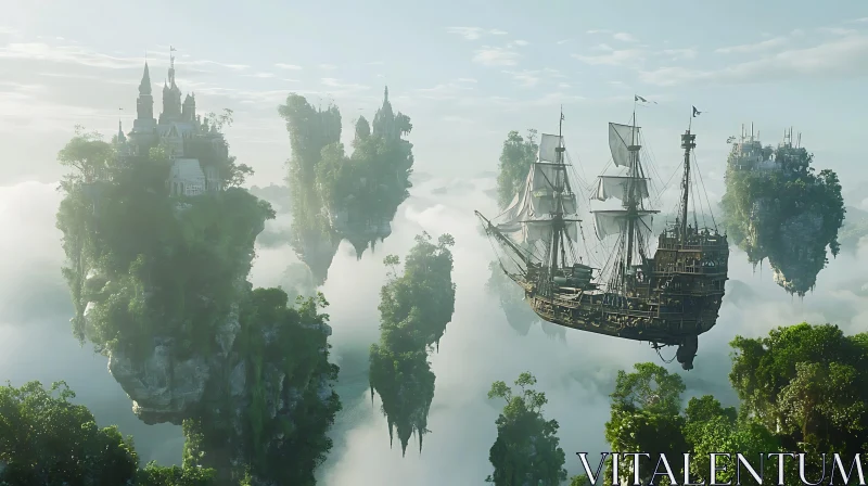 Surreal Floating Islands with Castles and Sailing Ship AI Image