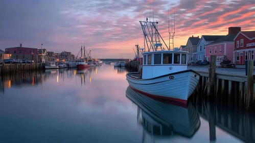 Peaceful Coastal Town at Dusk with Docked Boats