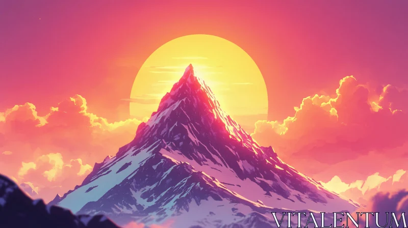 Mountain Peak with Vibrant Sunset Behind AI Image