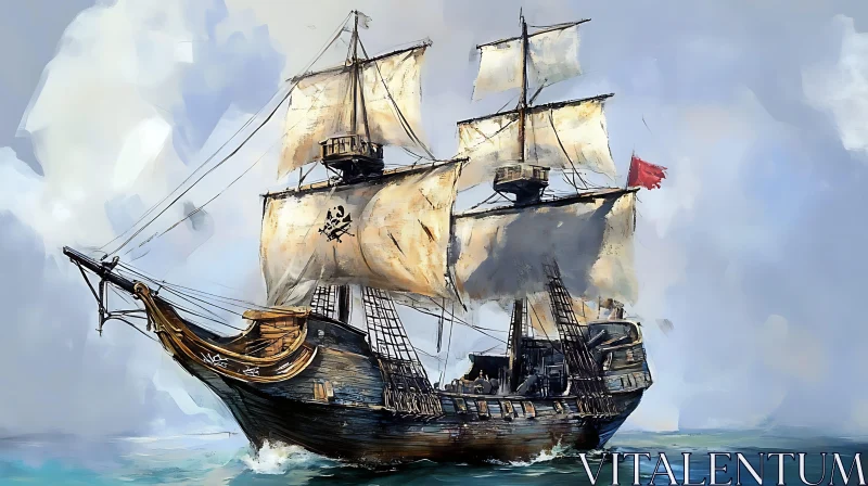 Historical Pirate Ship with Skull and Crossbones Sails AI Image