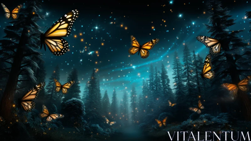 Mystical Forest Night with Luminous Butterflies AI Image
