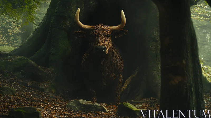 Mystical Bull in an Ancient Forest AI Image