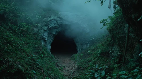 Foggy Cave in Lush Green Forest