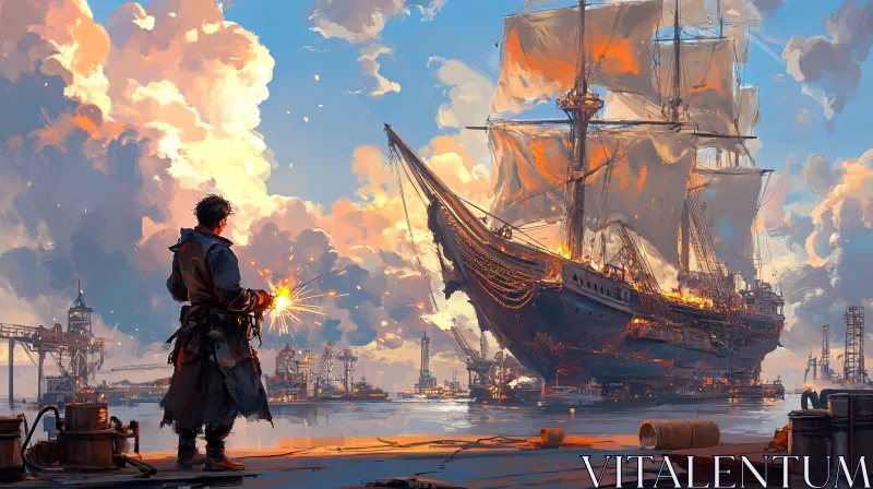 Harbor Scene with a Grand Ship and Fiery Sunset AI Image