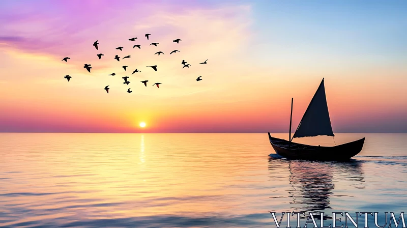 Sailboat at Sunset with Flying Birds AI Image