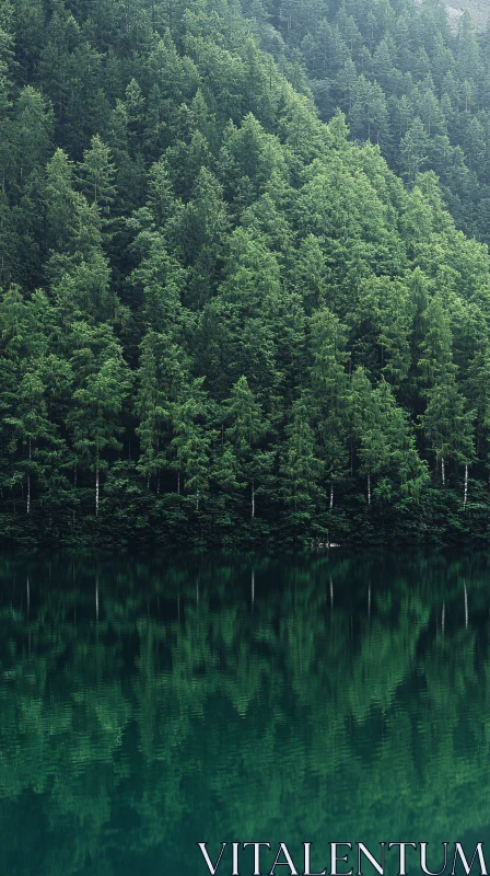 Forest Reflected in Calm Lake AI Image