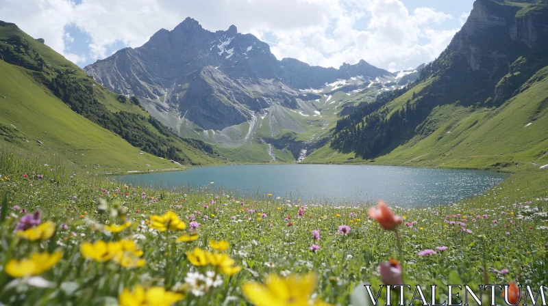 AI ART Mountain Lake with Wildflowers