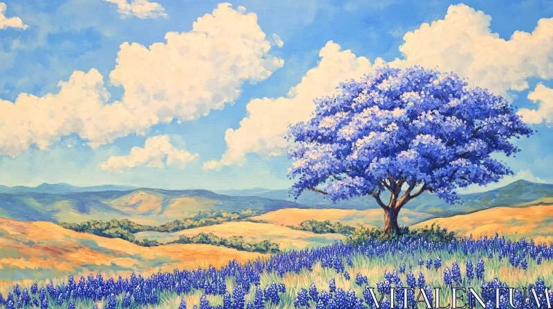 AI ART Idyllic Meadow with Blue Tree and Purple Flowers