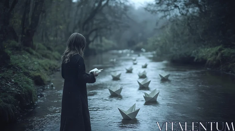 Melancholic Woman By Stream with Paper Boats AI Image