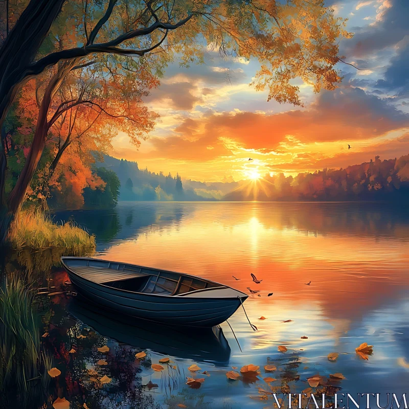 Sunset Over Lake with Boat and Autumn Foliage AI Image