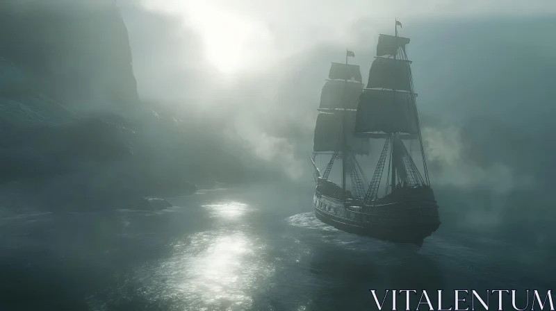 Fog-Laden Sailing Adventure AI Image