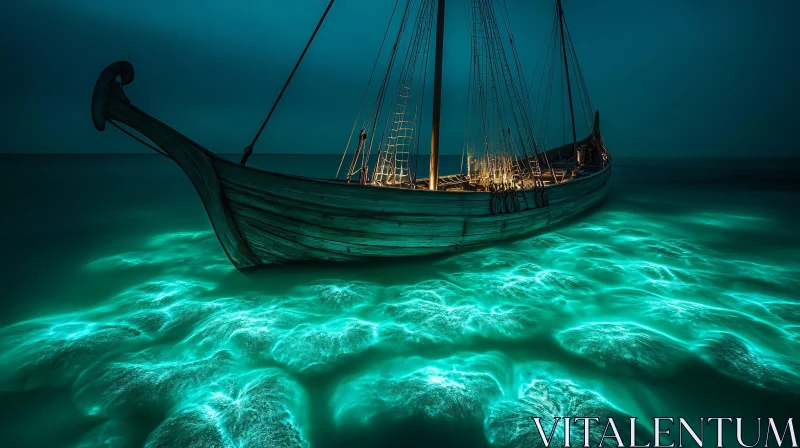 Ethereal Boat Scene with Luminous Sea AI Image