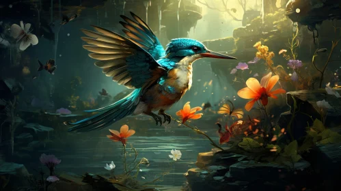 Enchanting Kingfisher in Flight near Waterfall - Nature Wonders Art