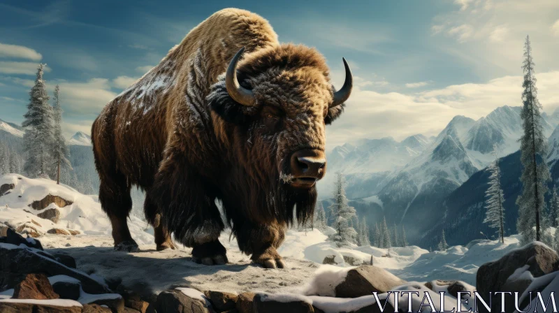 AI ART Photorealistic Bison on a Snow Covered Mountain