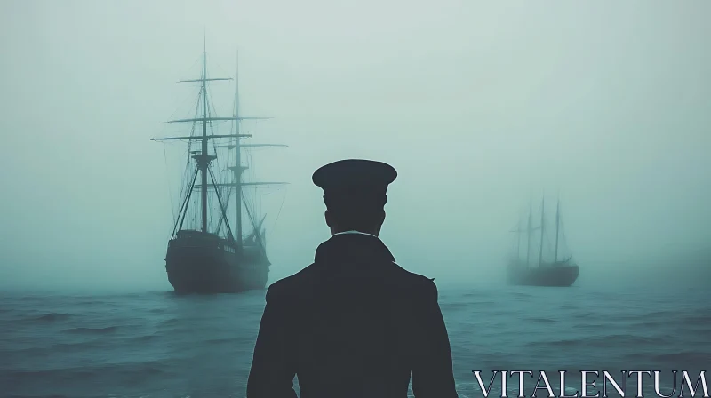 Mystical Sea View with Sailor and Ships in Fog AI Image