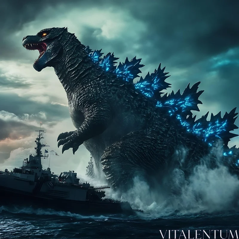 Giant Creature Approaching Battleship AI Image