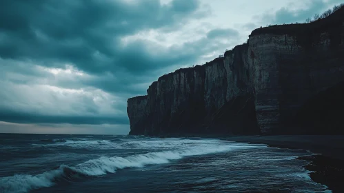 Dramatic Cliffs and Waves under Cloudy Sky at Coastal Area