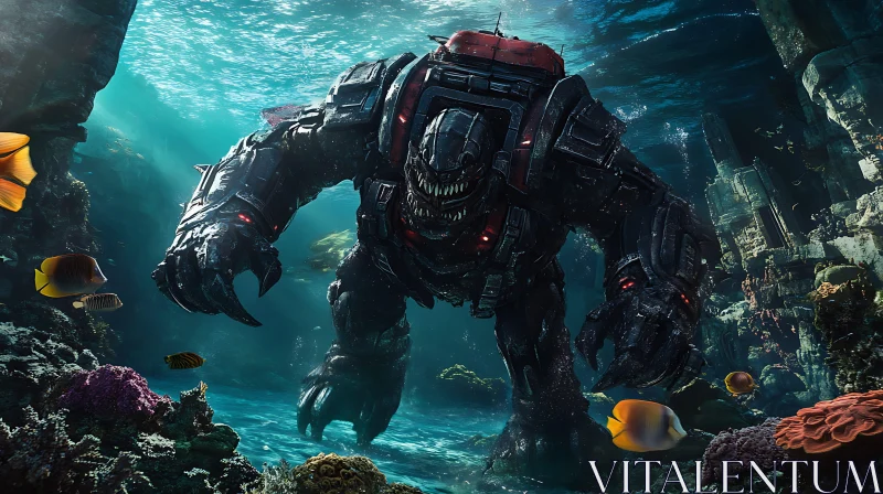 AI ART Monstrous Robot in Underwater Ruins