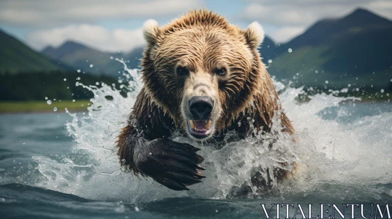 Brown Bear Charging Through Water: A Remarkable Wildlife Portrait AI Image