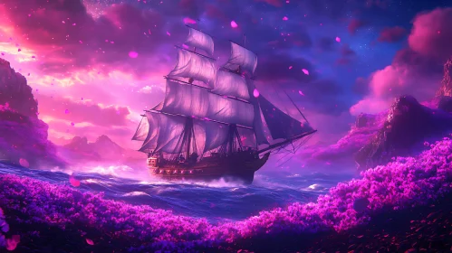 Sailing Ship Amidst Vibrant Ocean and Pink Petals