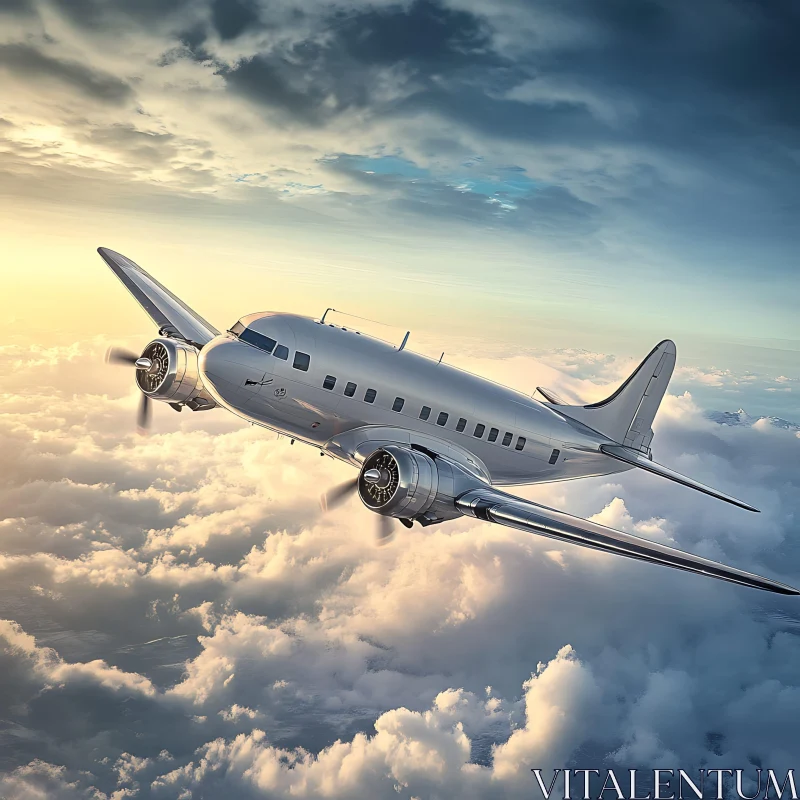 Classic Aircraft Flying in Golden Sunset Sky AI Image