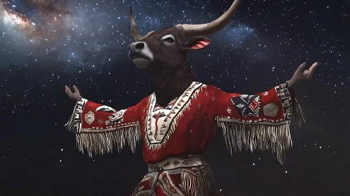 Bull Figure in Cosmic Scene Wearing Native Attire