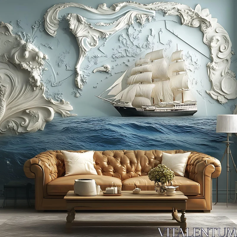 AI ART Elegant Room with Detailed Ship Wall Sculpture