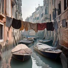 Tranquil Venice Canal with Boats and Hanging Laundry