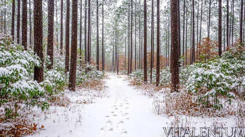 Snowy Forest Trail with Footprints AI Image